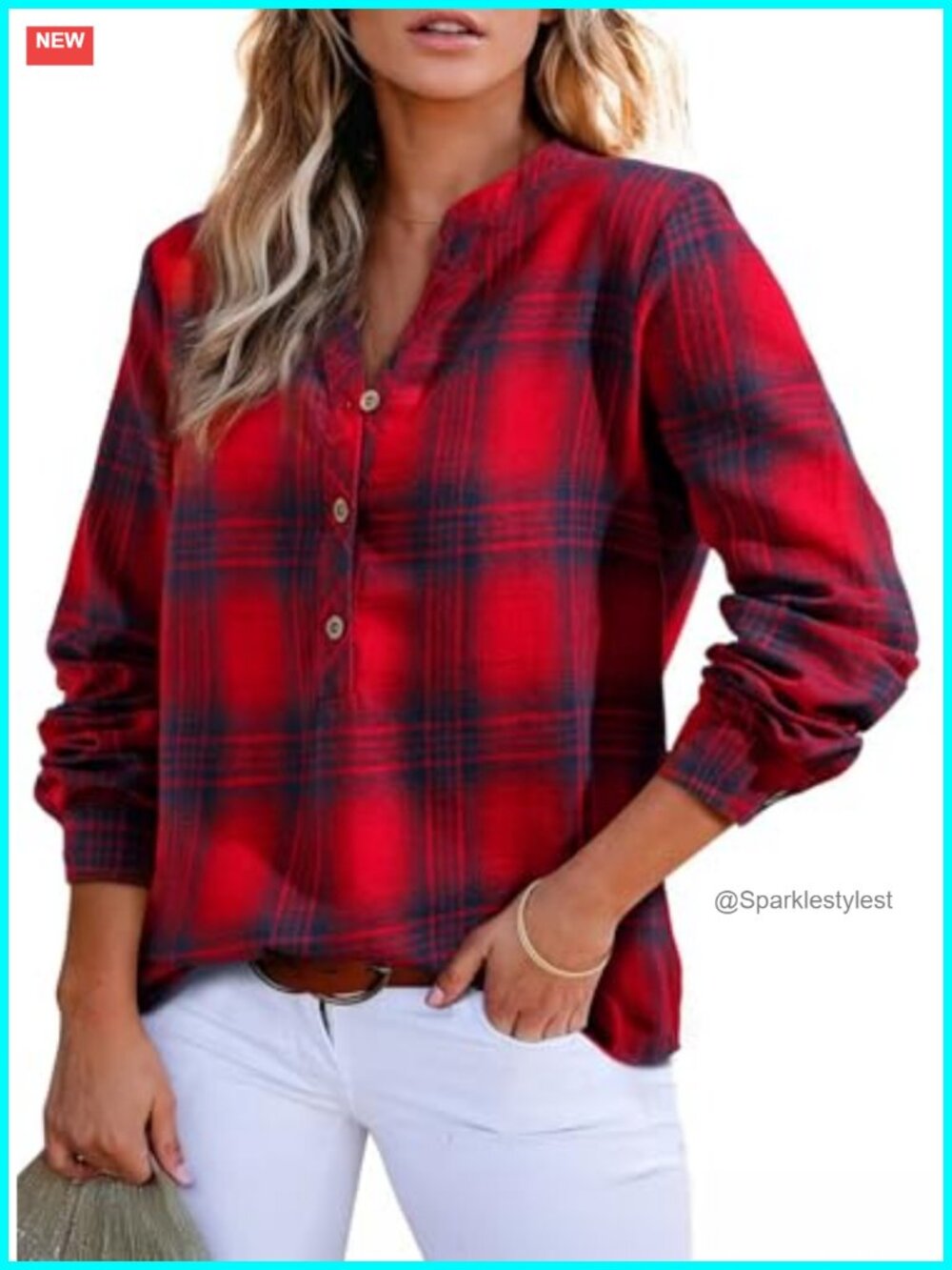 V Neck Plaid Flannel Button Down Blouse Long Sleeve Regular Fit